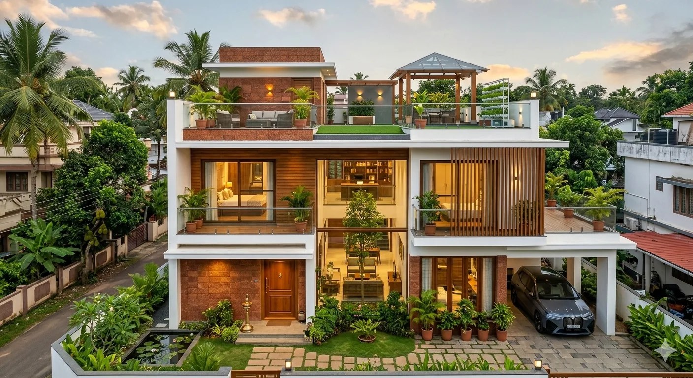 Narrow multi-level modern luxury villa on a 3-cent plot in Kerala, featuring a double-height glass facade, open plan interior, and a multi-purpose rooftop garden by Buildtech Builders.