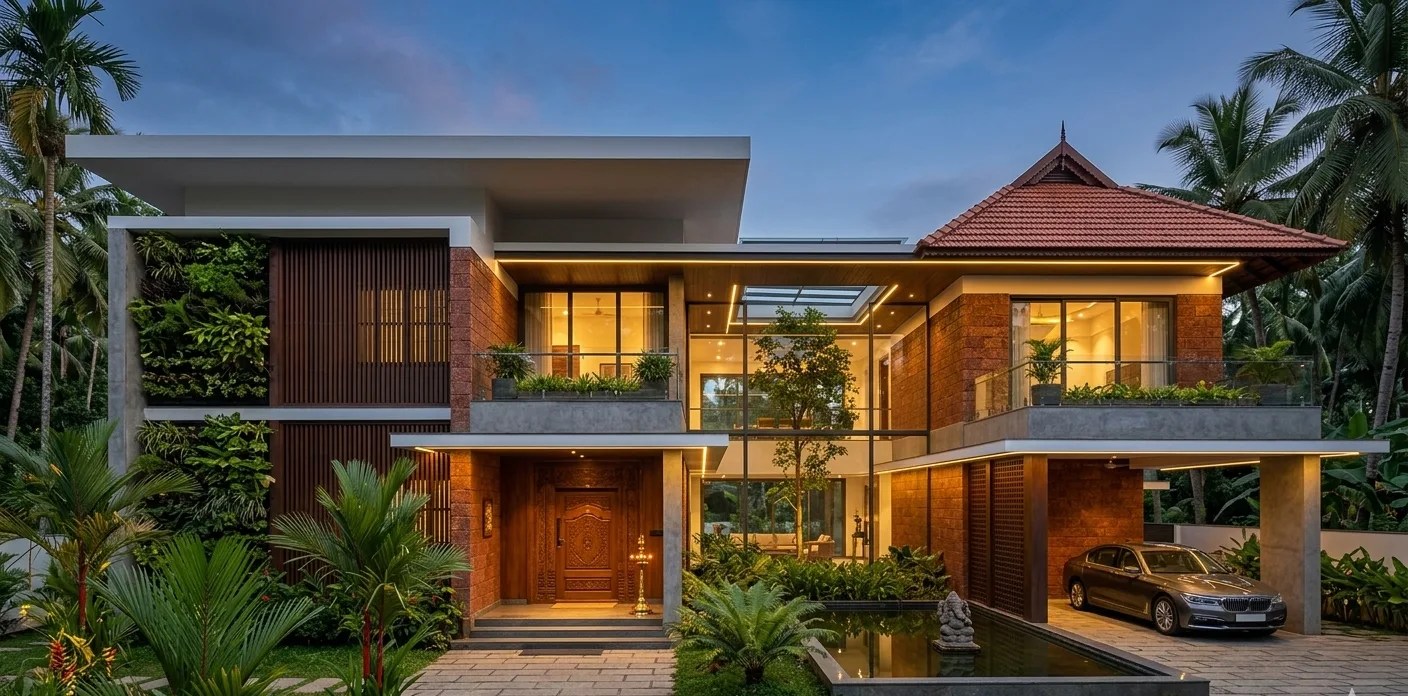 A professional architectural photograph of a luxury contemporary Kerala house design by Buildtech Builders at twilight. It features a modern flat roof wing and a stylized traditional pitched roof section with terracotta tiles. The entrance faces east, and a prominent reflective water feature is positioned in the northeast corner of the lush garden. Warm interior lights glow through large glass facades, showcasing an open-plan living area with an internal courtyard and a central tree under a skylight. Potted plants are integrated into Southwest balconies. The background shows a dense coconut grove under a deep blue sky.