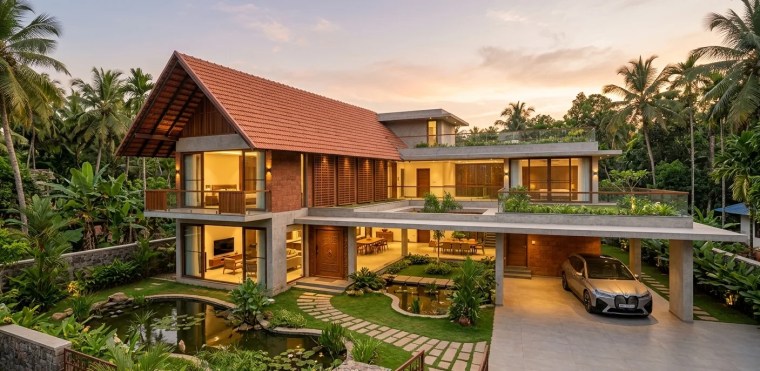 Modern contemporary Kerala house design featuring a hybrid sloped terracotta roof, large glass facades, an integrated indoor-outdoor garden with a pond, and a luxury car in the porch at sunset.