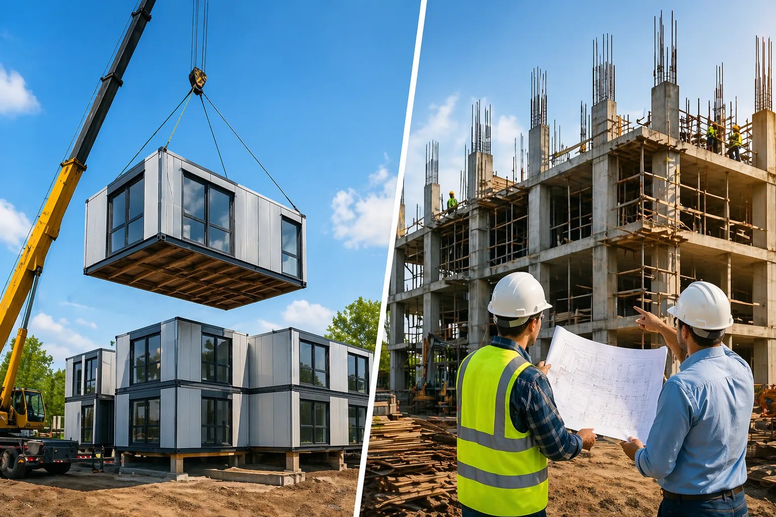 Modular construction vs traditional construction comparison showing factory-built modules and on-site building process