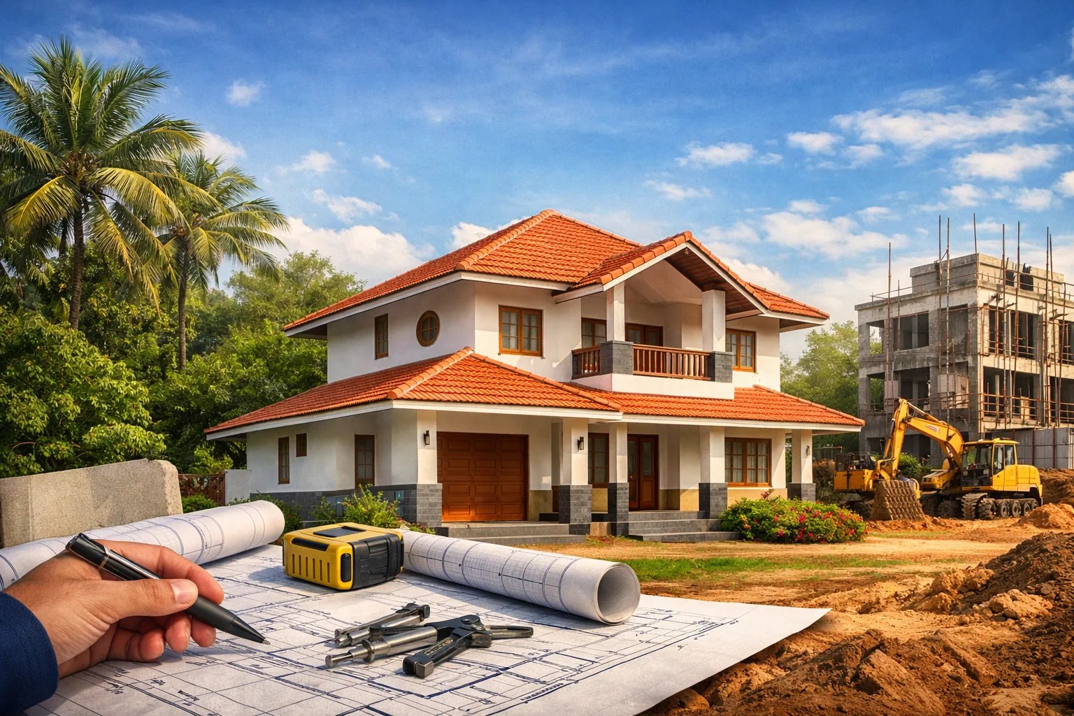 Modern Kerala home design with architectural blueprints, construction tools, and visual elements representing Kerala Municipality Building Rules (KMBR)