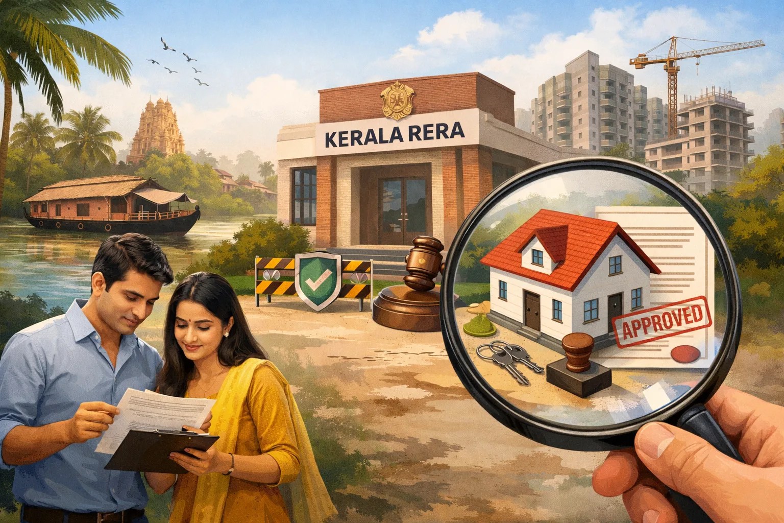 Indian couple reviewing property documents with Kerala RERA office