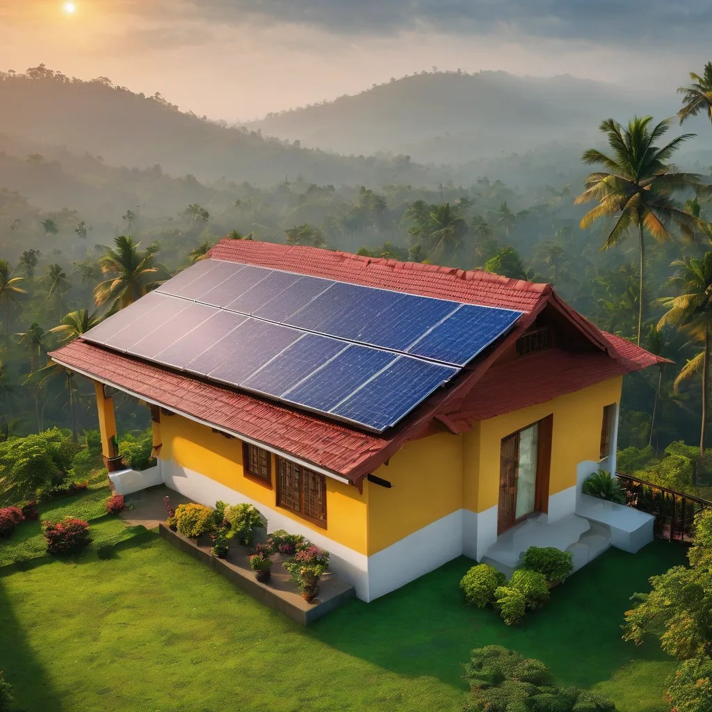 Rooftop solar panels on a traditional Kerala home surrounded by palm trees and greenery