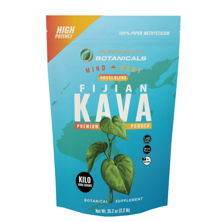 Pure Infinity Botanicals Fijian Kava House Blend premium kava powder 1000g pouch with tropical blue packaging and kava plant artwork