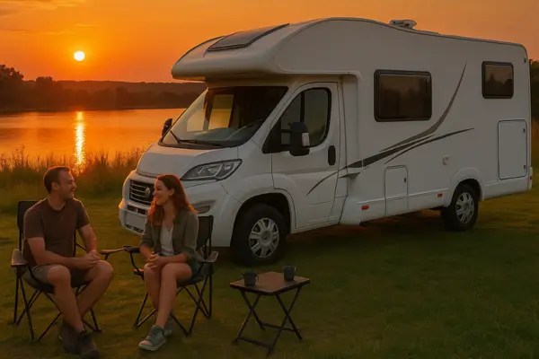 Casal aproveitando o pôr do sol ao lado de um motorhome estacionado perto de um lago, vivendo estilo de vida off-grid.