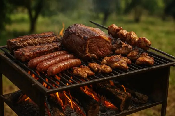 Carnes para churrasco assando em grelha rústica sobre a brasa em ambiente ao ar livre.
