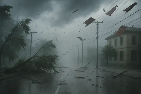 Cidade sendo atingida por ciclone com ventos fortes, árvores caídas e telhados destruídos