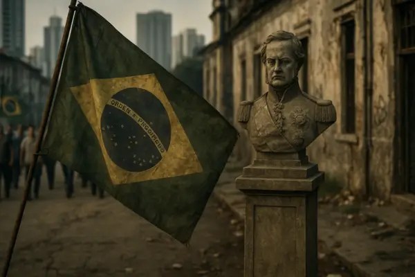 Bandeira do Brasil envelhecida ao lado de um busto de Dom Pedro I em cenário urbano degradado.