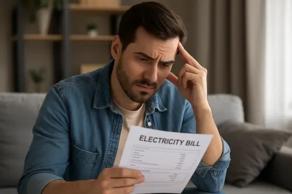 Homem preocupado analisando fatura de luz, ilustrando o tema como economizar energia elétrica em casa.