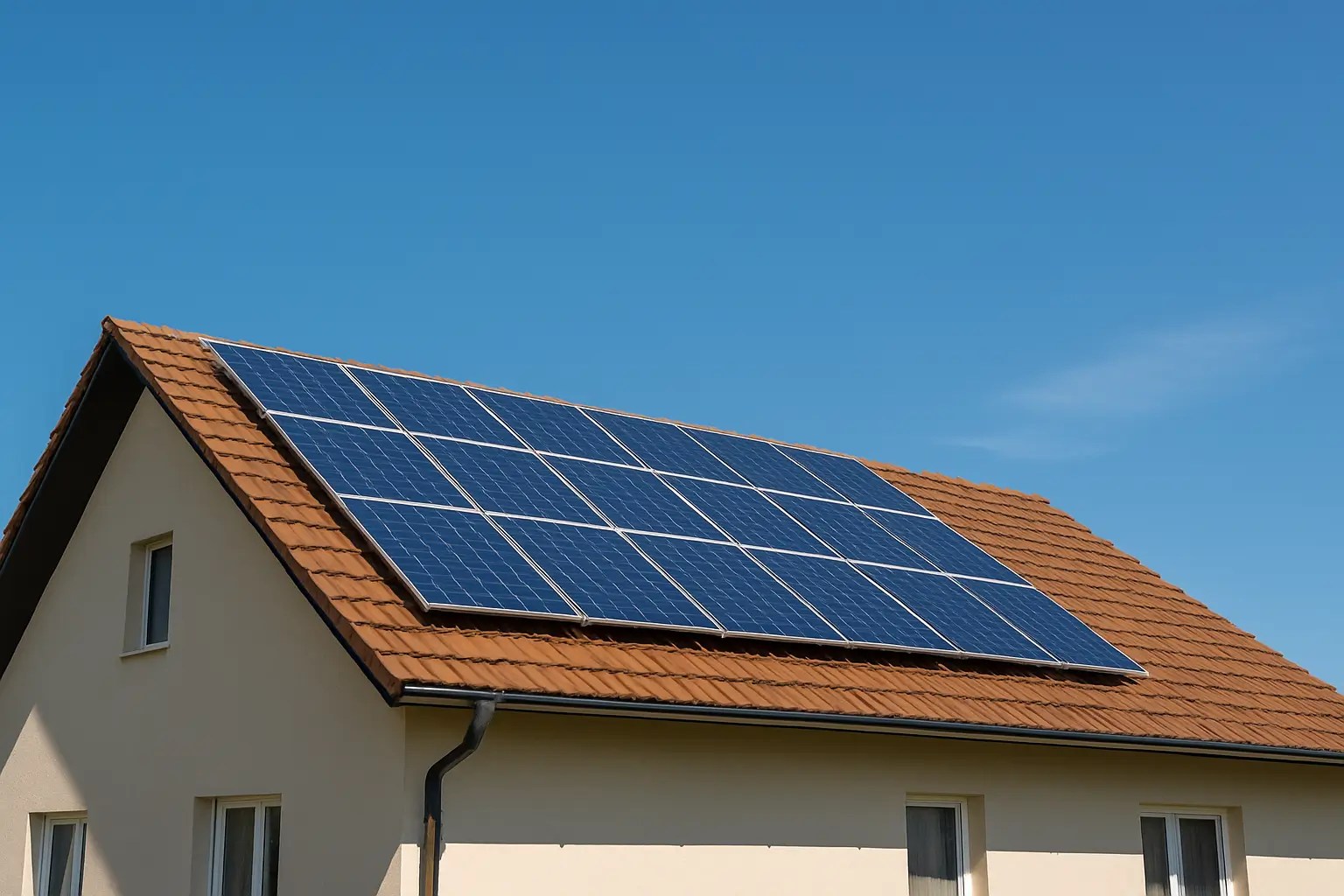 Casa com painéis fotovoltaicos no telhado, ilustrando a questão se energia solar residencial vale a pena.