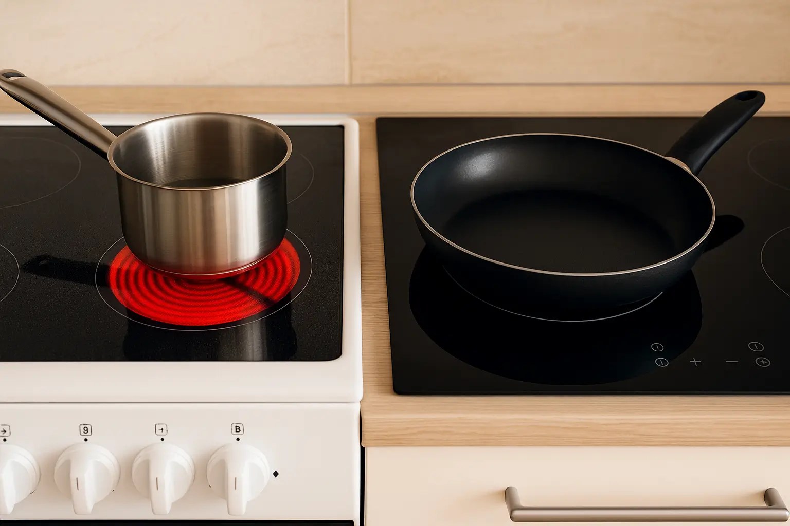 Comparação lado a lado mostrando fogão elétrico vs fogão por indução em uma cozinha moderna.