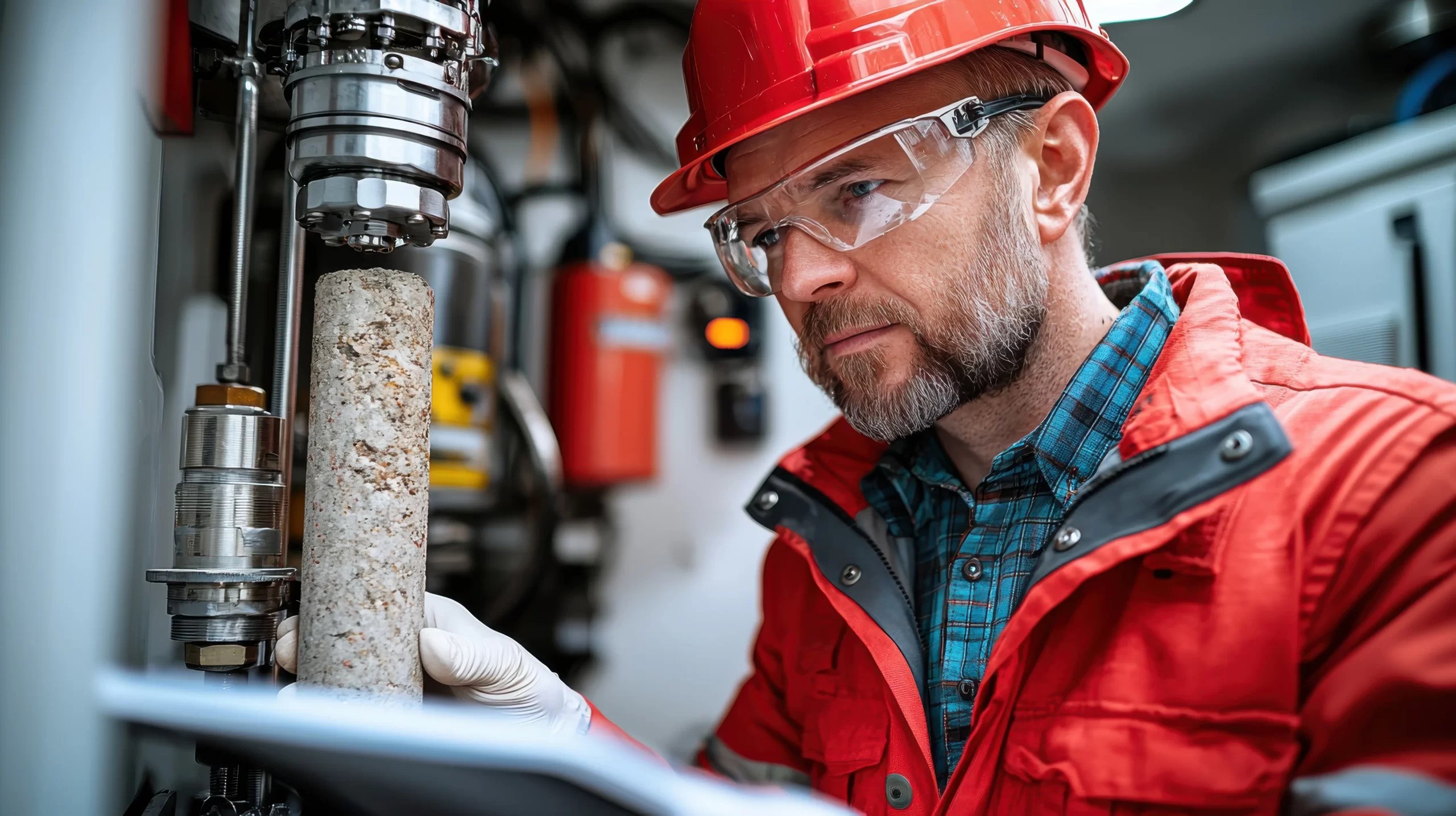 Engineer examines a concrete core sample to verify nuclear-grade structural integrity during post-repair testing.