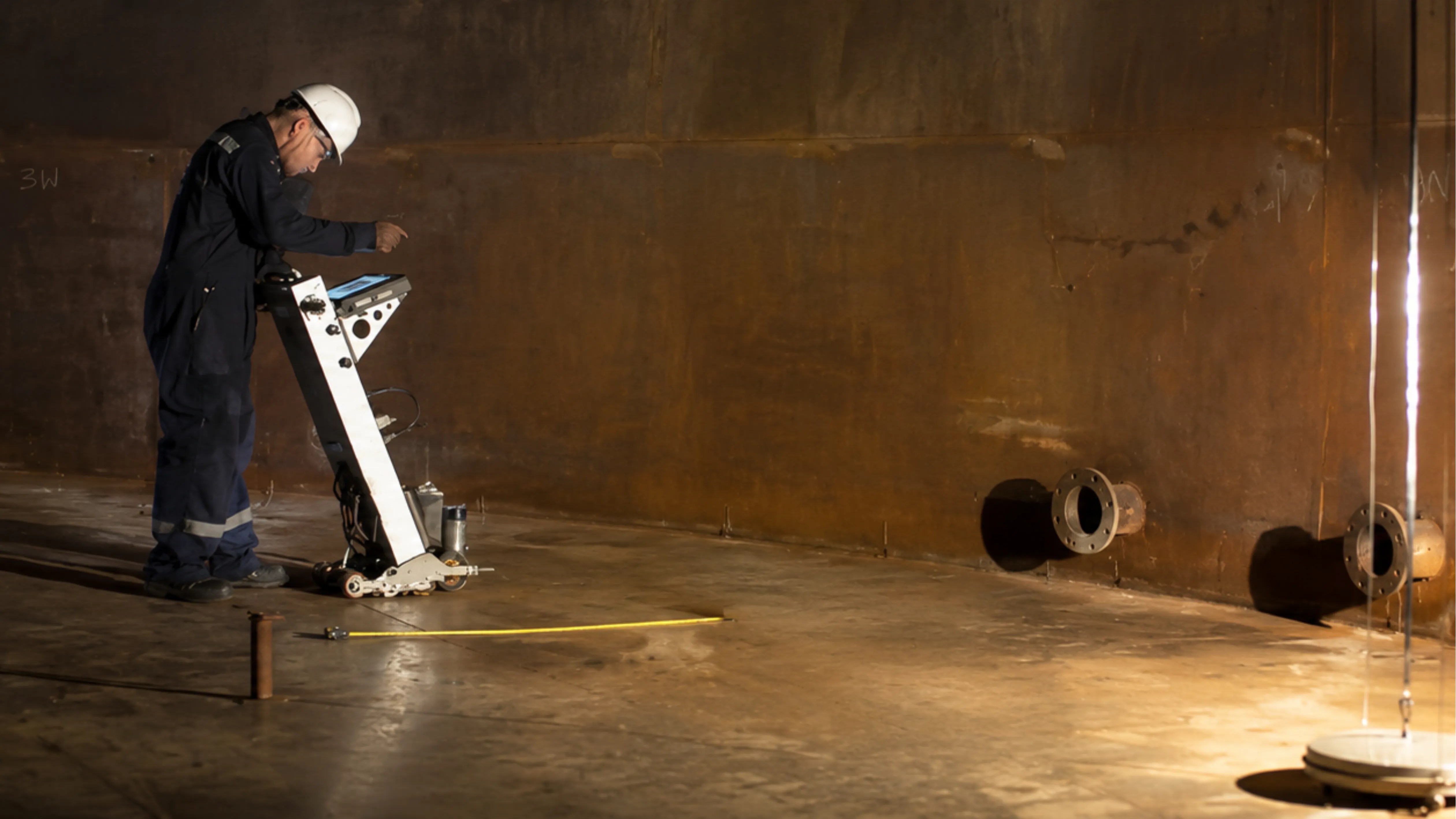 Photorealistic wide image of a worker wearing a white hard hat and dark coveralls operating a wheeled inspection device inside a large rust-toned industrial tank or metal chamber. Warm light casts long shadows across the floor, with circular pipe openings in the wall, a yellow measuring tape on the ground, and a bright vertical light reflection on the right.