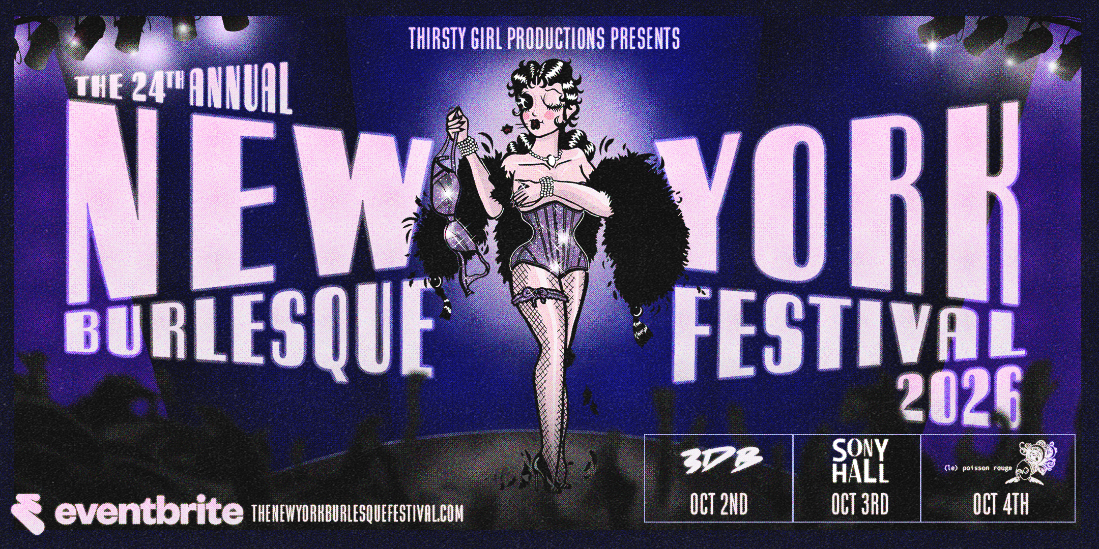 Poster for the 24th Annual New York Burlesque Festival 2026 featuring a vintage-style burlesque performer on a purple-lit stage, with event dates and venues listed for October 2–4 in New York City.