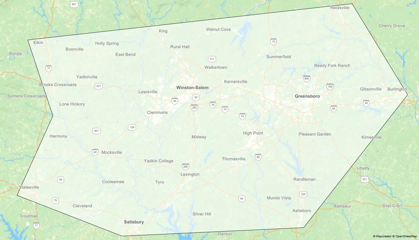 Burnhams Locksmith service area map for Greensboro, Winston-Salem, High Point, and the Triad area
