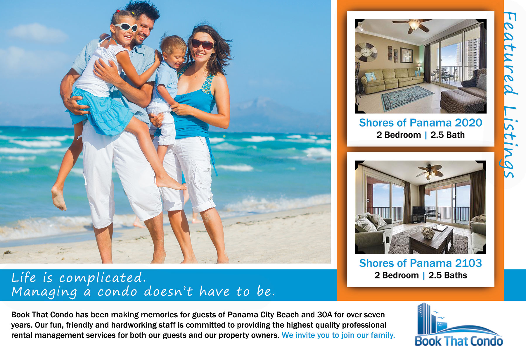 Book That Condo promotional postcard campaign featuring beachfront vacation rental listings and family tourism imagery.