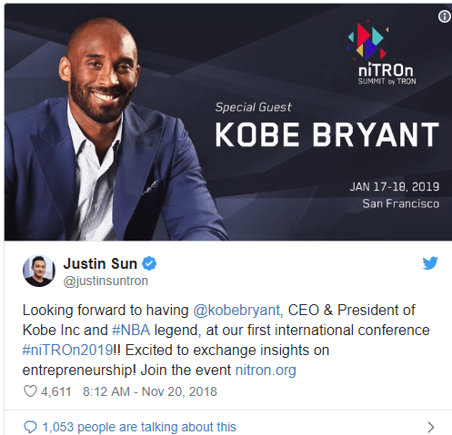 Lee más sobre el artículo La leyenda de la NBA Kobe Bryant hablará en la conferencia Crypto de Tron