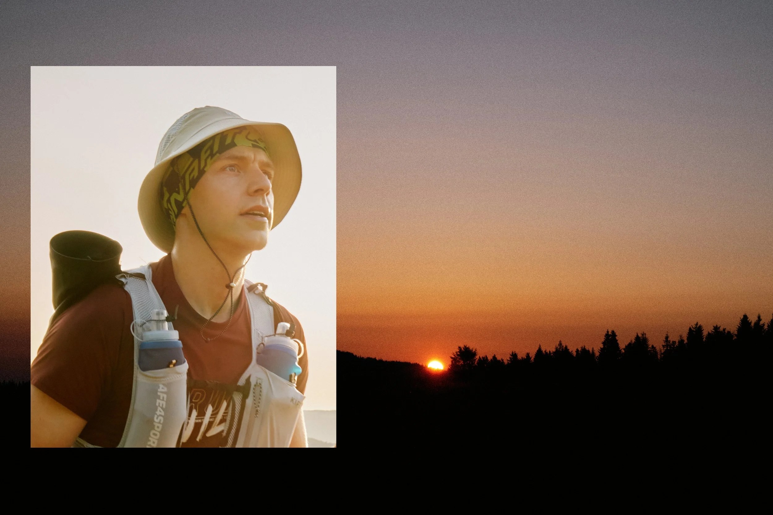 Portret mężczyzny w outdoorowym stroju, podczas zachodu słońca, w kontekście fotografii B2B.