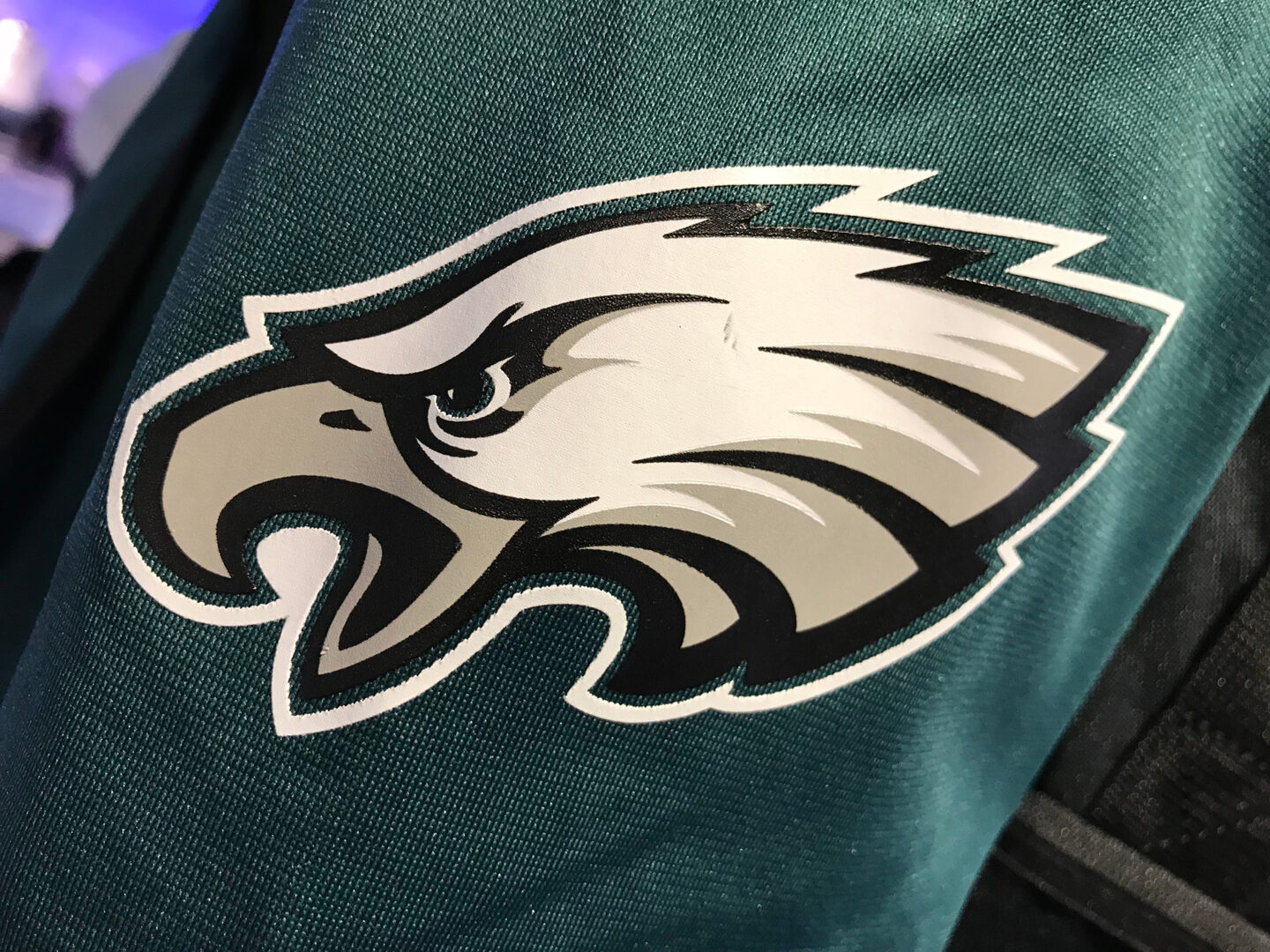 Minneapolis, MN/USA - January 30, 2018 - Closeup of the arm of an Eagles fan wearing a jersey in a store. It is purposely blurred in the front and back of the arm. The angry eagle shows his beak.