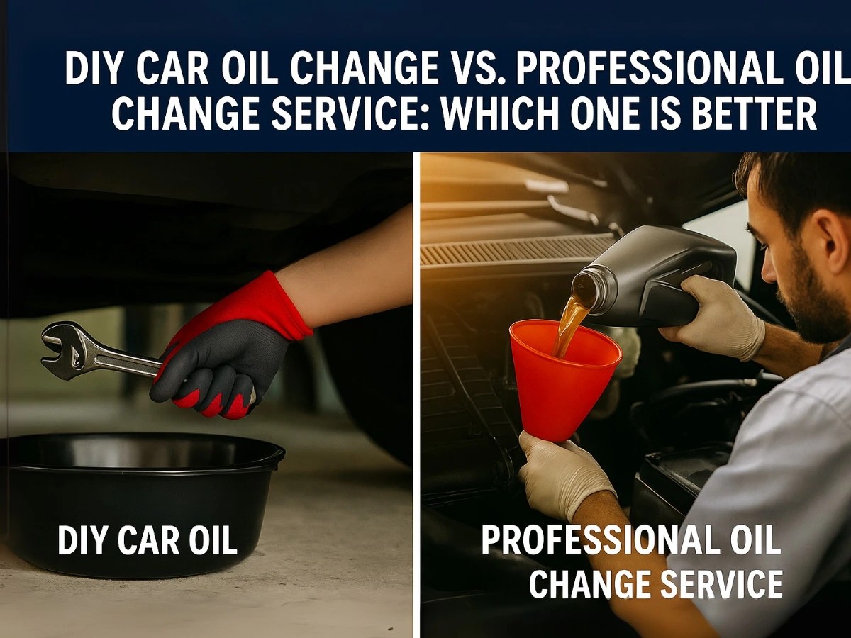 Split image comparing DIY car oil change, showing a gloved hand with a wrench over a drain pan, and professional oil change service, showing oil being poured through a funnel.