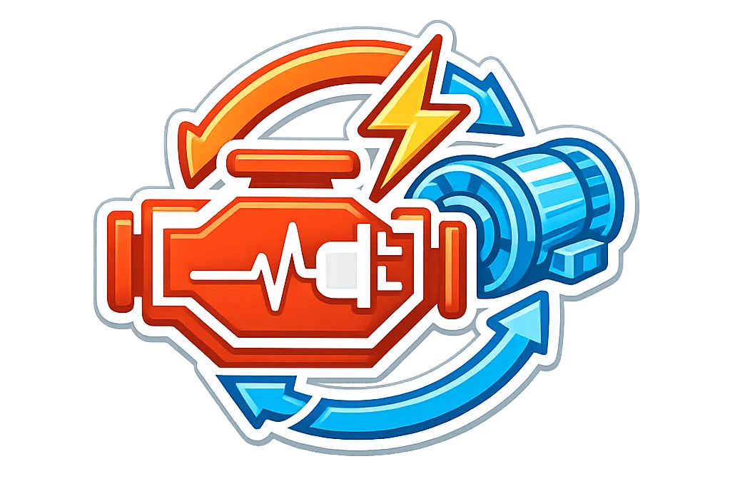 Engine and piston symbols with a lightning bolt and circular arrows.