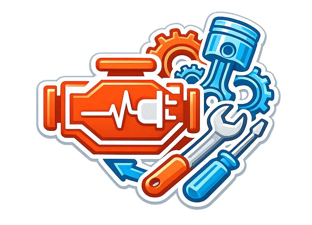 Engine symbol with gears, a piston, a wrench and a screwdriver.
