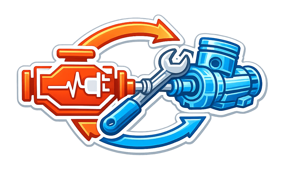 Engine, wrench and piston symbols surrounded by circular arrows.
