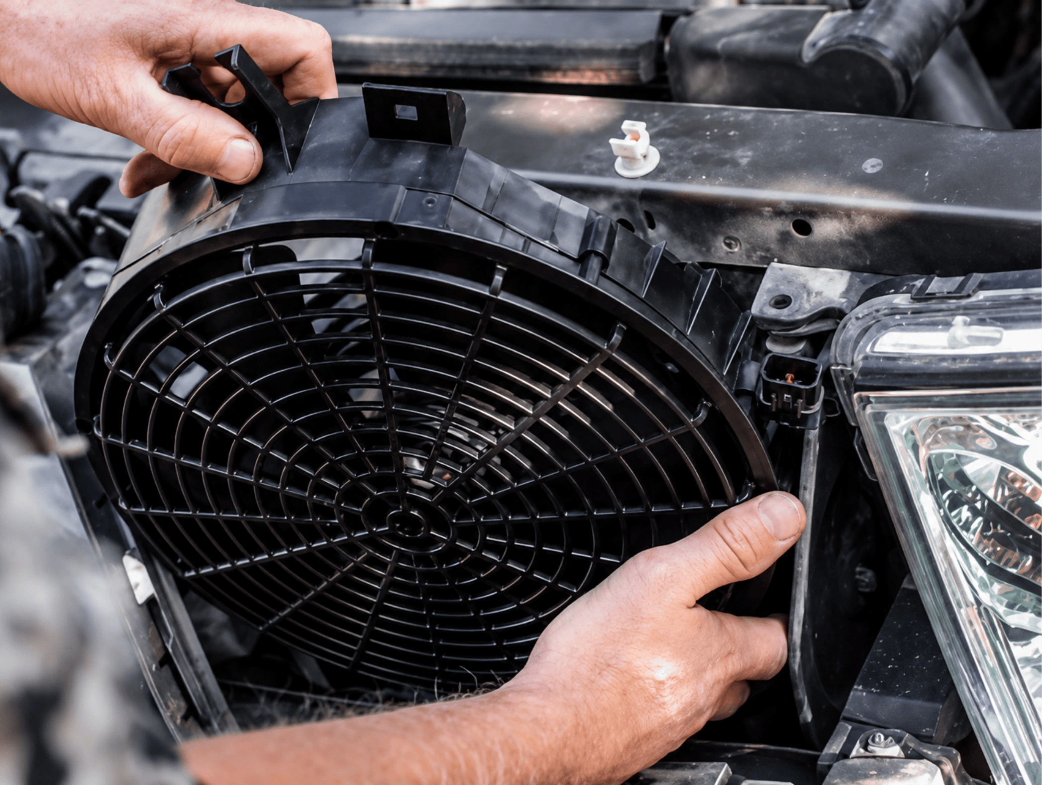 Technician diagnosing an electric radiator cooling fan