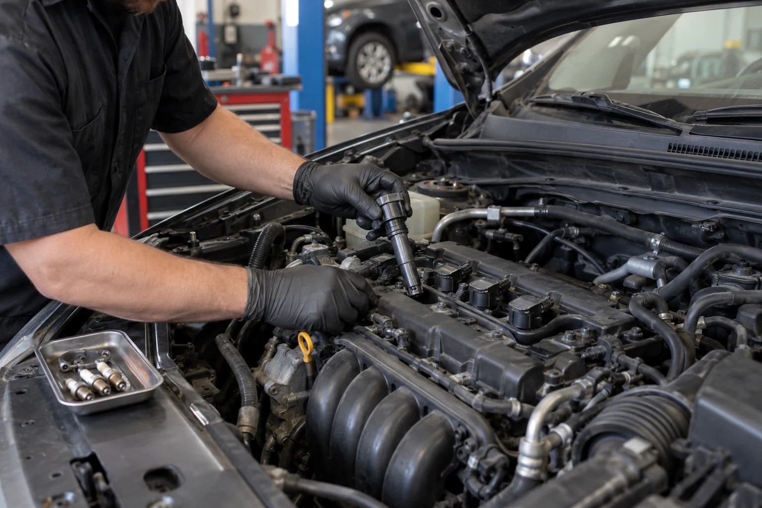Technician removing an ignition coil during spark plug replacement