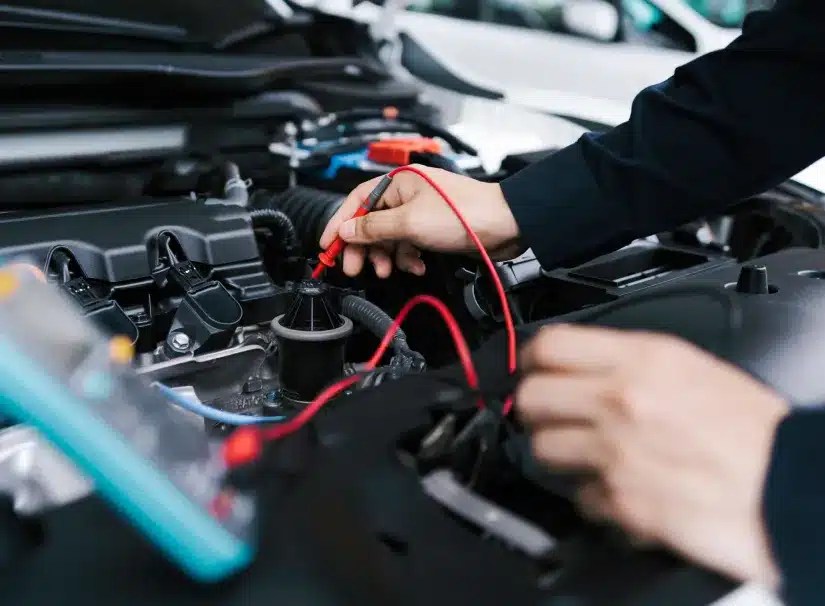 Technician using electrical test probes in an engine bay.