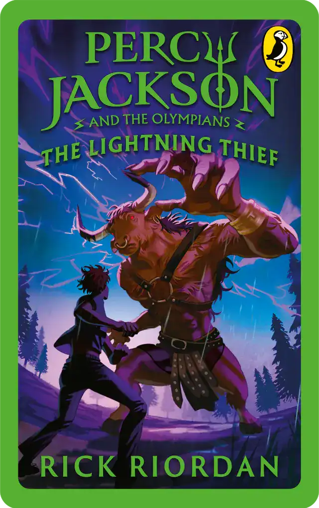 Cover of 'Percy Jackson and the Olympians: The Lightning Thief' featuring a dramatic scene with a character facing a bull-like creature amidst a stormy background.