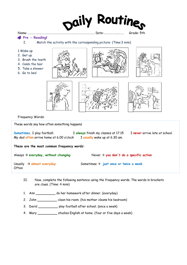 You can find an assortment of printable reading wo. Daily Routines