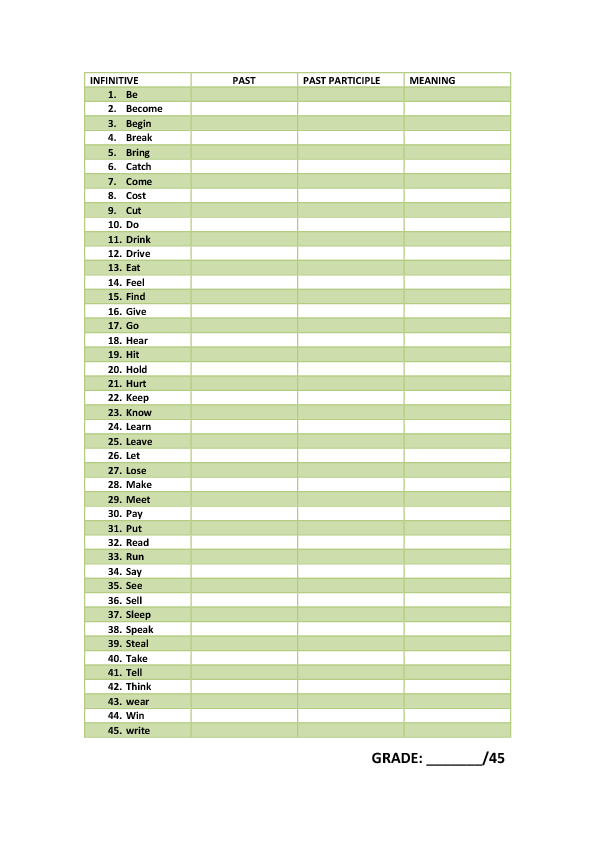 irregular verbs test