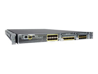 Network switch featuring various ports including Ethernet and fiber optic connections.