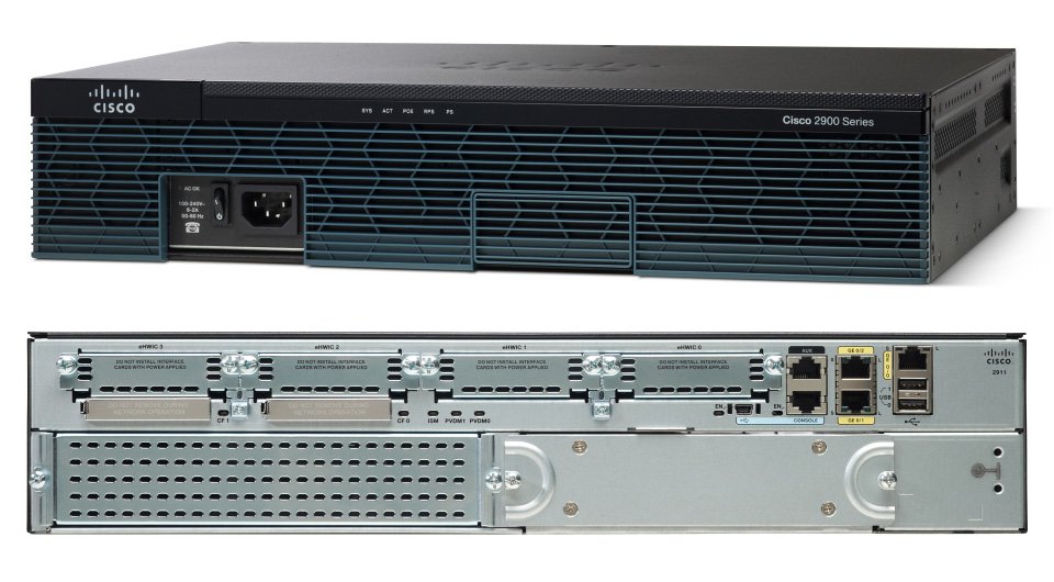 Cisco 2900 Series Router showing front and back views with multiple ports and connections.