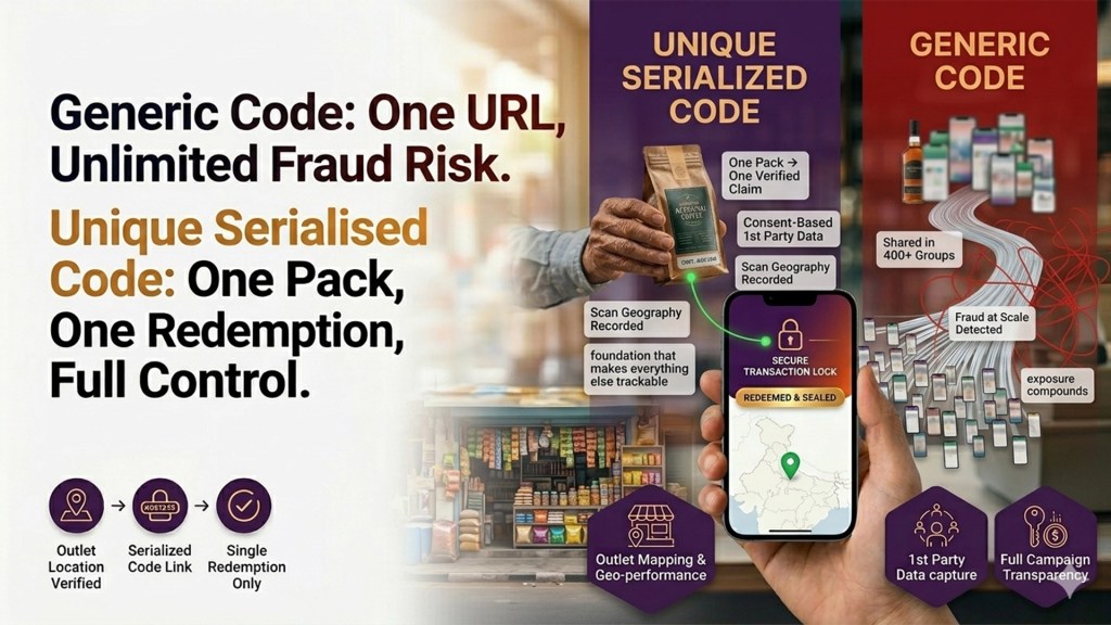 Unique serialised QR code vs generic code for retail promotion fraud prevention and outlet tracking
