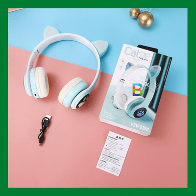VIV-23M Cat Ear Headphones with LED lights, Bluetooth 5.0, and built-in microphone – available in pink, blue, and purple.