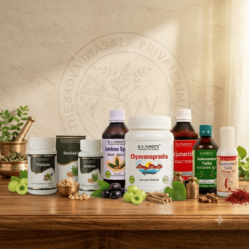 B.V. Pundit's Ayurvedic products including Triphala, Shallaki, Chyavanaprasha, Arjunarishta, Sukumara Taila and Kumkumadi Taila arranged with herbs, a brass mortar and pestle, and the text "Since 1913"