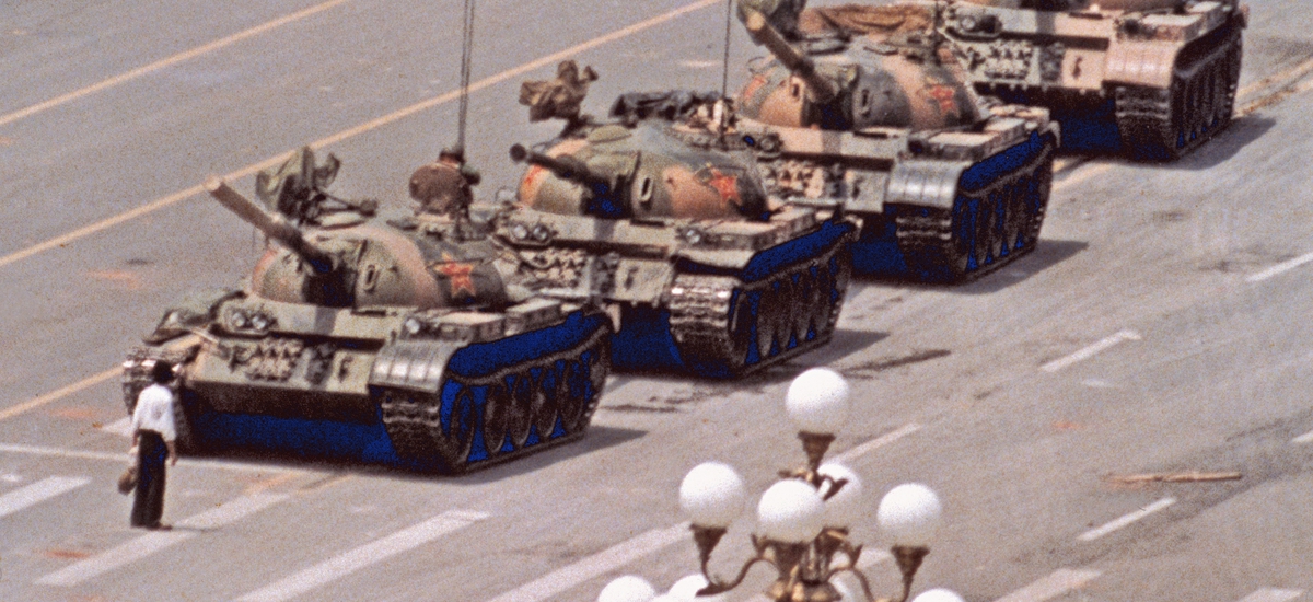 Tiananmen Square Massacre A lone man stands in front of three tanks