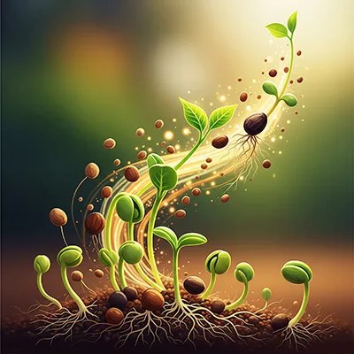 AI image of seeds sprouting and floating away