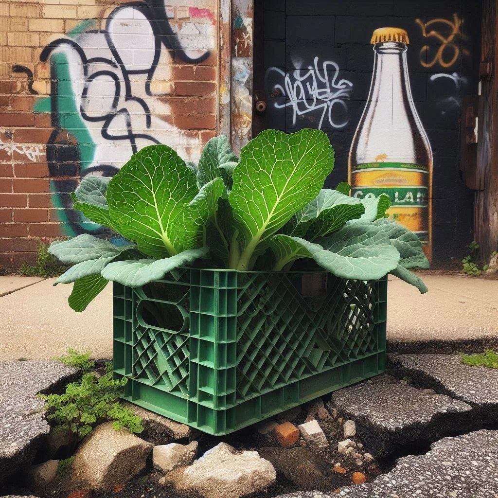 AI image of plants growing in a plastic milk crate