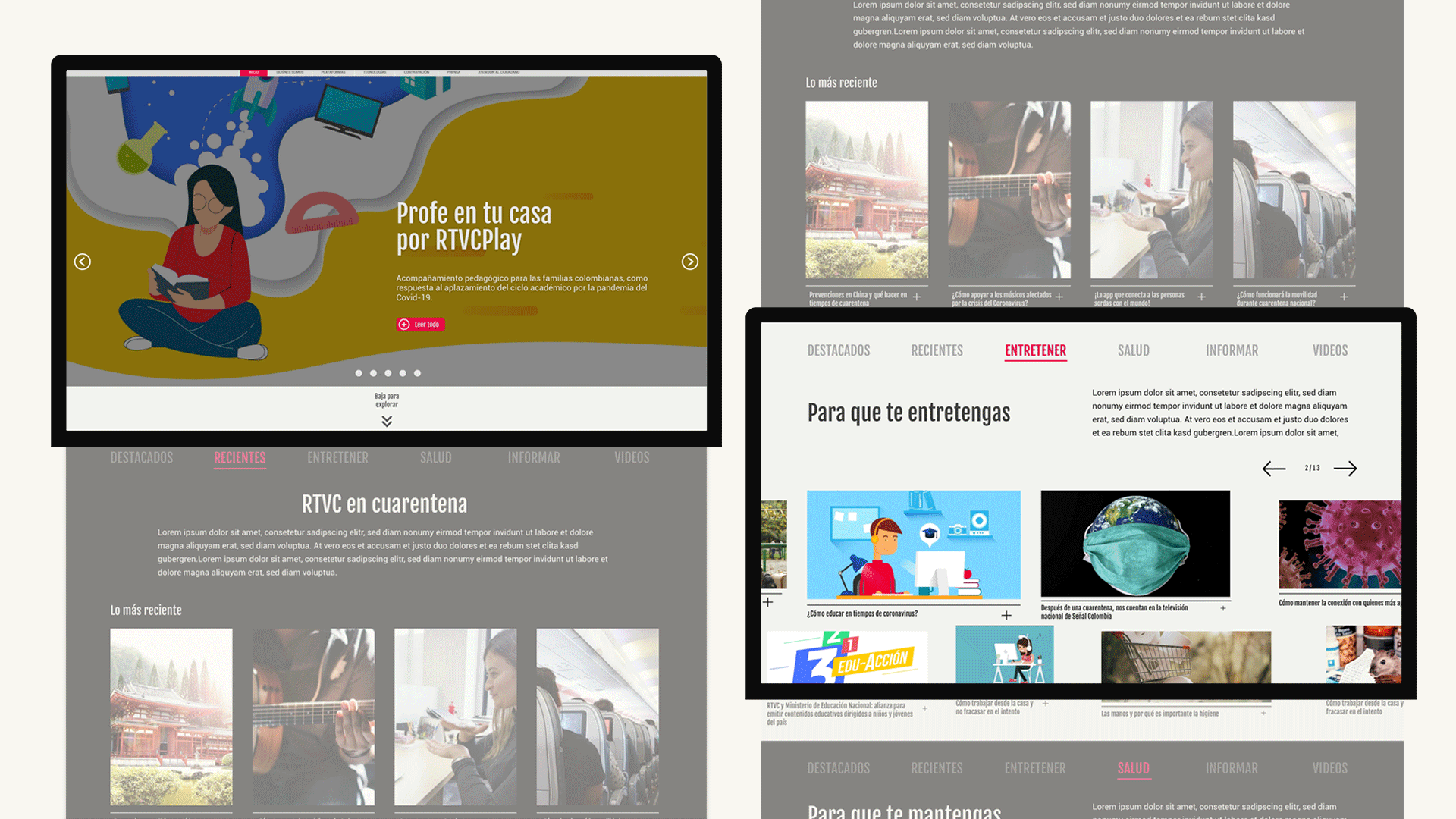 Two screens of the project RTVC te acompana in desktop version