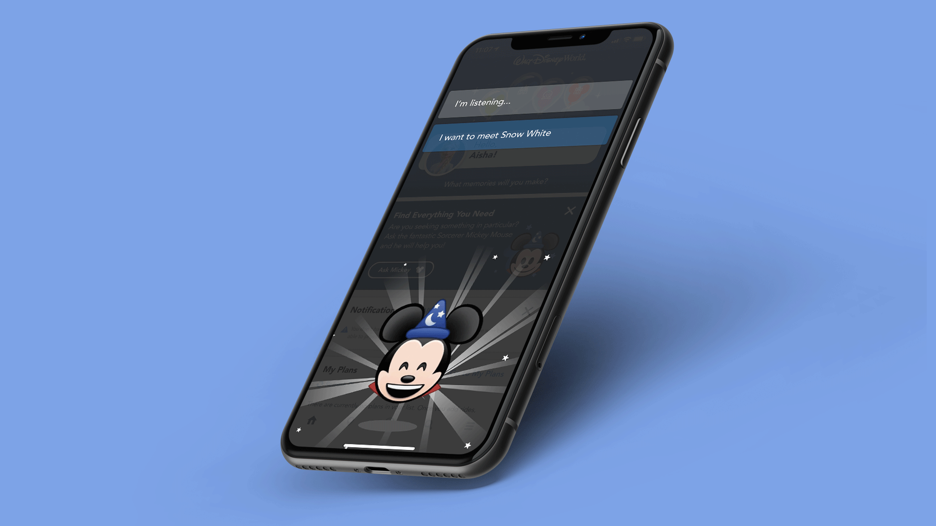 Ask Mickey main header of an iPhone with the screen of Sorcerer Mickey smiling