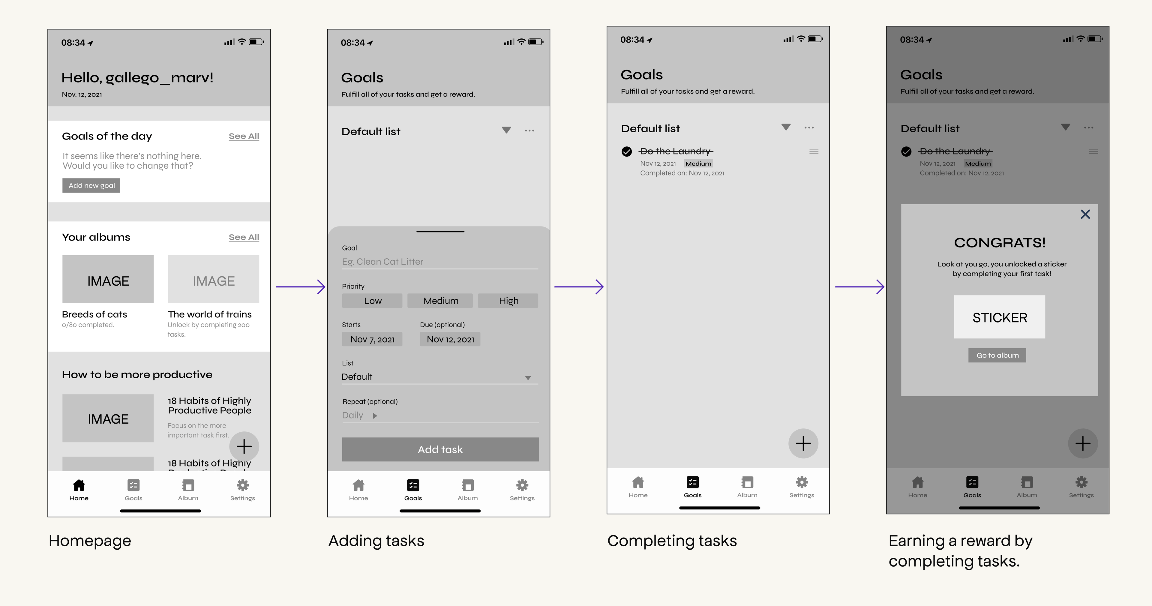 Go get 'em main task flow in the form of mid-fidelity wireframes depicting the screens of each step from the homepage to creating a task and marking it as complete
