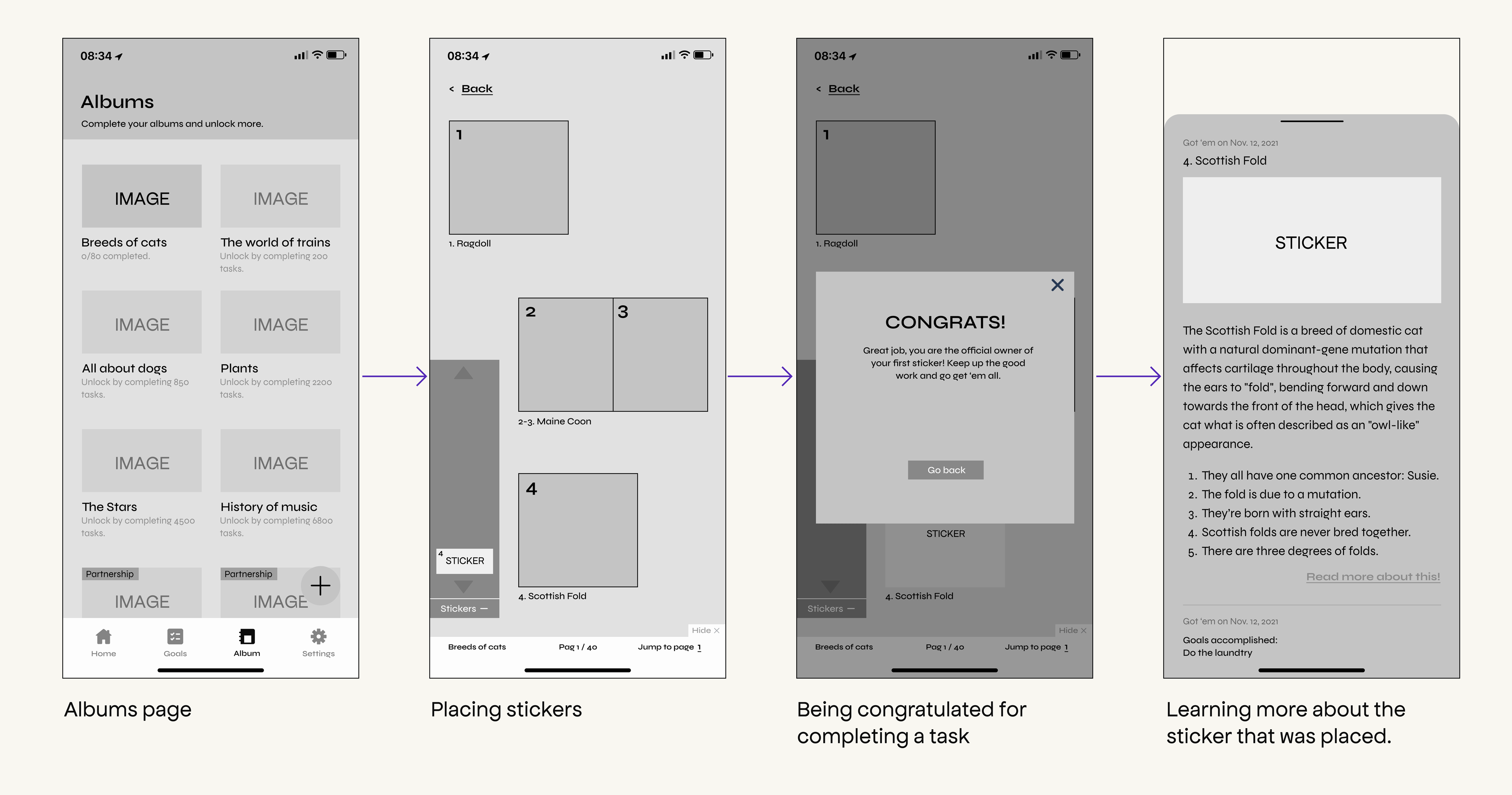 Go get 'em secondary task flow in the form of mid-fidelity wireframes depicting the screens of each step from entering the album to placing the first sticker