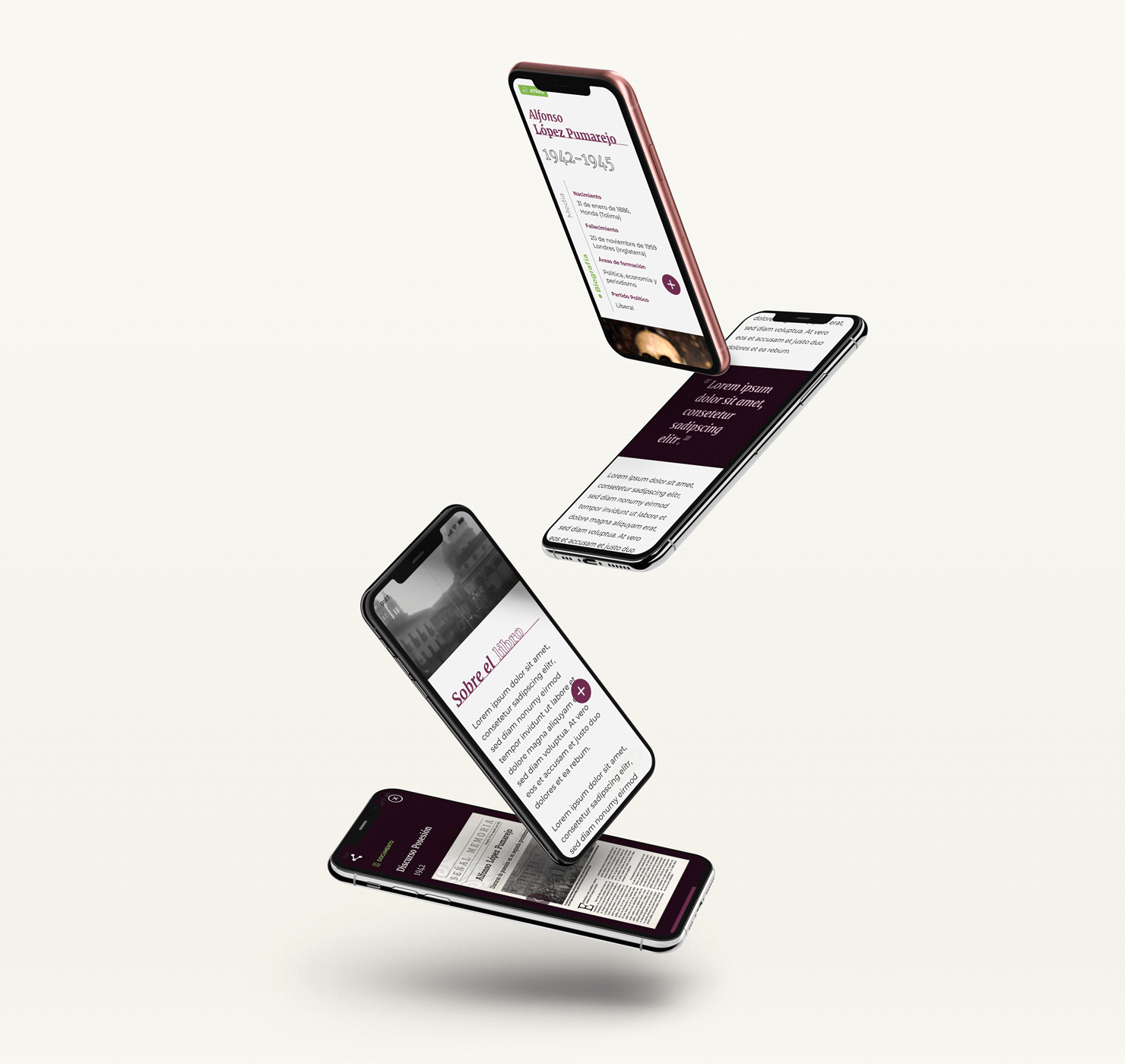 La voz del poder mobile screens, four iPhones showing some of the screens