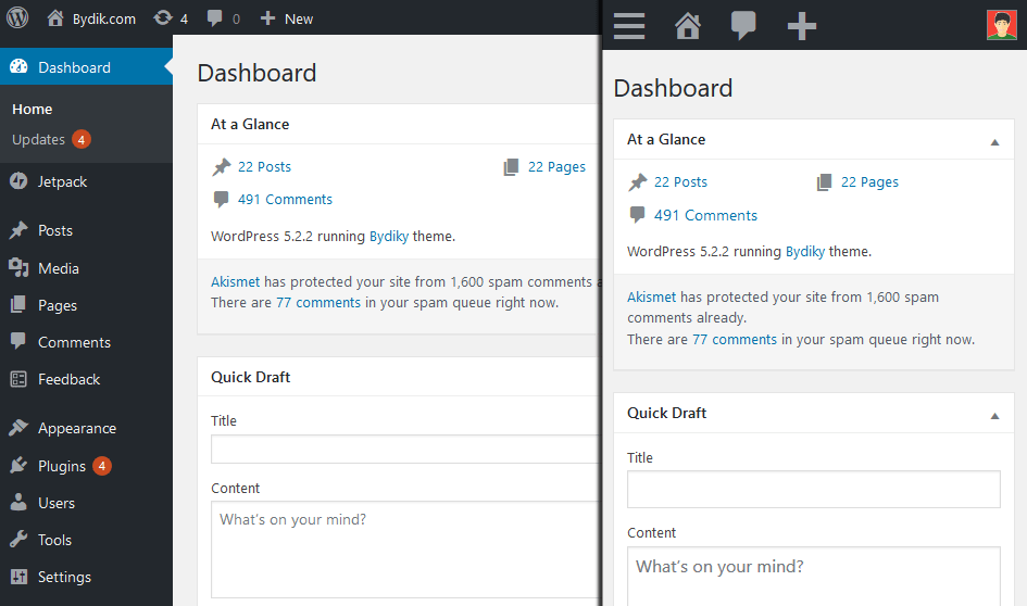 WordPress Dashboard in PC & Mobile
