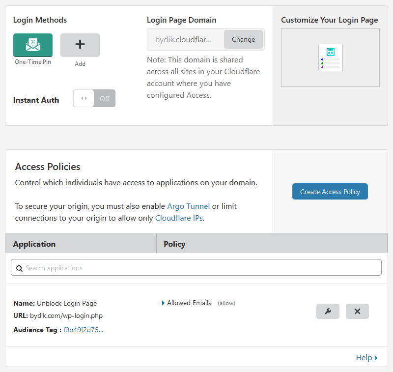 Cloudflare Access Settings Page