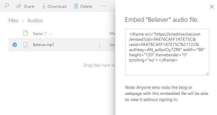 OneDrive Generated Embed Link