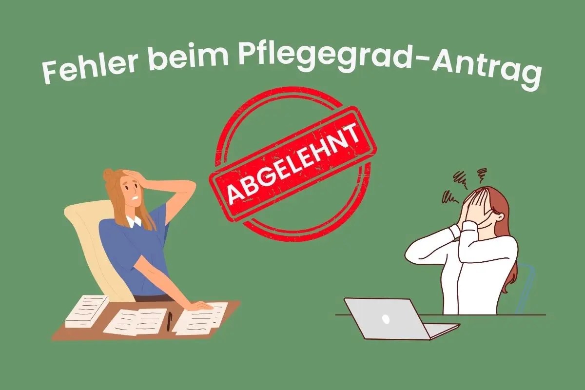 zwei Frauen sitzen am Schreibtisch mit Laptop und Papieren und in der Mitte ist der Stempel für den abgelehnten Pflegegrad, Symbolbild warum der Pflegegrad häufig abgelehnt wird